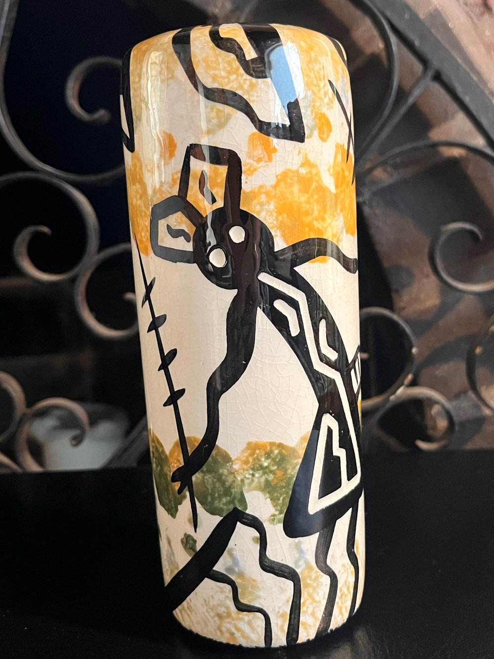 Mona USA Modern Art Pottery Cylinder Vase - Figure & Landscape